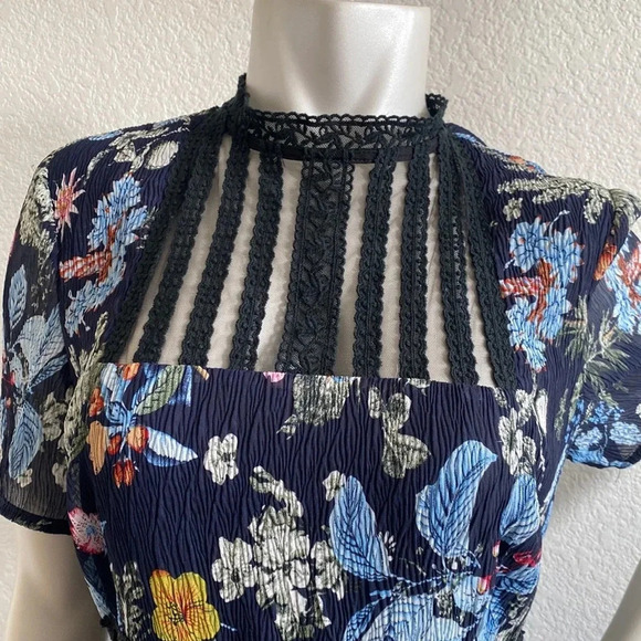 NWT Foxiedox Juniper Navy Blue Black Floral Print Mesh Embroidered Neck Dress L - Picture 4 of 12